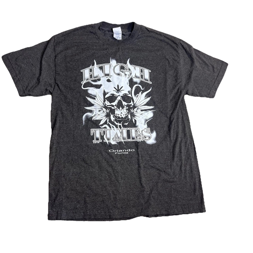 High Times Orlando Florida Skull Graphic T-Shirt Mens Large Charcoal 420 Pot